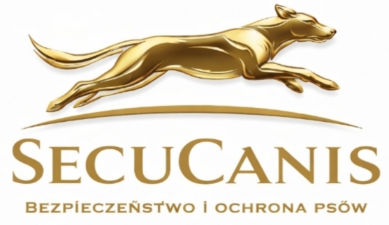 Logo SecuCanis z biegnącym psem i napisem "Bezpieczeństwo i ochrona psów
