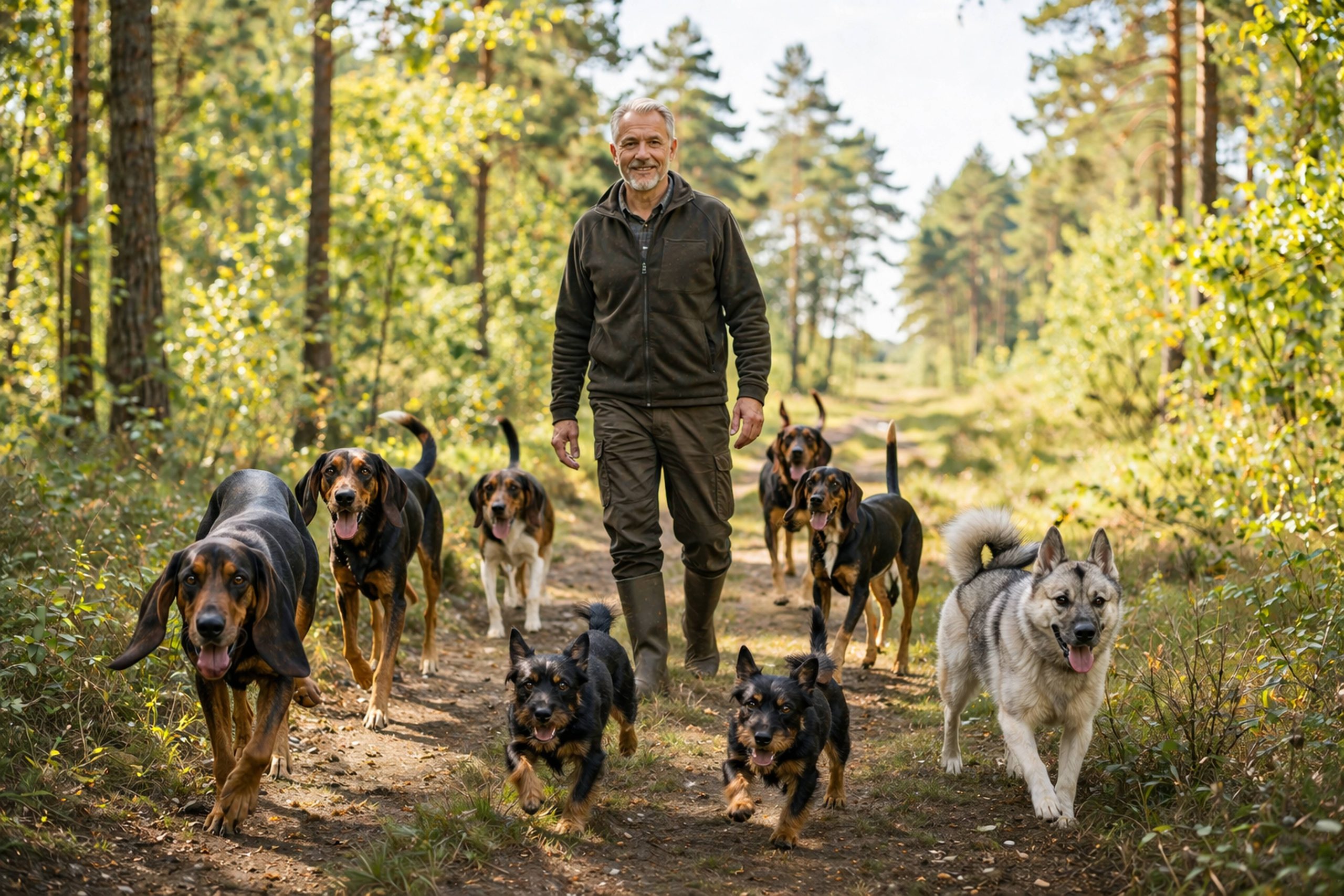 Człowiek idący po leśnej ścieżce z grupą psów.